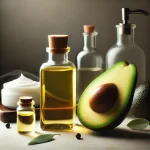 Flasche Avocadoöl neben Avocado und Kosmetik auf Holzoberfläche