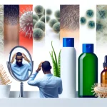 Personen verschiedener Haut- und Haartypen prüfen ihre Kopfhaut im Spiegel eines hellen, modernen Badezimmers; dargestellt sind gesunde und ungesunde Kopfhautzustände, Flaschen mit Anti-Schuppen-Shampoo, Teebaumöl und Aloe Vera.