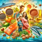 Eine lebendige Collage mit Omega-3-Quellen wie Lachs Walnüssen Chiasamen Leinsamen Algenöl Fischölkapseln und einer glücklichen Familie