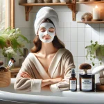 Frau mit Snow Mushroom Gesichtsmaske im stilvollen Badezimmer mit natürlichen Hautpflegeprodukten