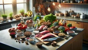 Moderner Küchentisch mit Lebensmitteln reich an Spurenelementen