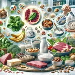 Assortierte mineralstoffreiche Lebensmittel und Nahrungsergänzungsmittel in einer Küche