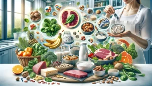 Assortierte mineralstoffreiche Lebensmittel und Nahrungsergänzungsmittel in einer Küche