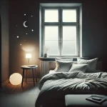 Ein minimalistisches Schlafzimmer bei Nacht mit Bett und sanft leuchtender Lampe