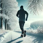 Winterliche Sportarten Jogger im Schnee mit reflektierender Kleidung