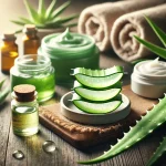 Frisches Aloe vera Blatt mit natürlichem Gel und Hautpflegeprodukten