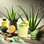 Glas Aloe Vera Saft mit frischen Aloe Vera Blättern Zitronenscheiben Minzblättern und Beeren