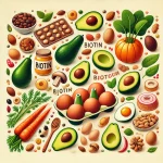 Darstellung von biotinreichen Lebensmitteln wie Eiern Nüssen Süßkartoffeln Avocados und Lachs