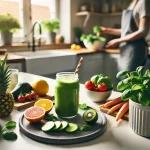 detoxen person bereitet smoothie mit frischen zutaten in heller küche zu