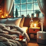 Gemütliches Schlafzimmer im Winter mit Kräutertee und Luftbefeuchter für besseren Schlaf