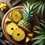 Geschnittene Ananas auf Holzbrett mit gelbem Fruchtfleisch