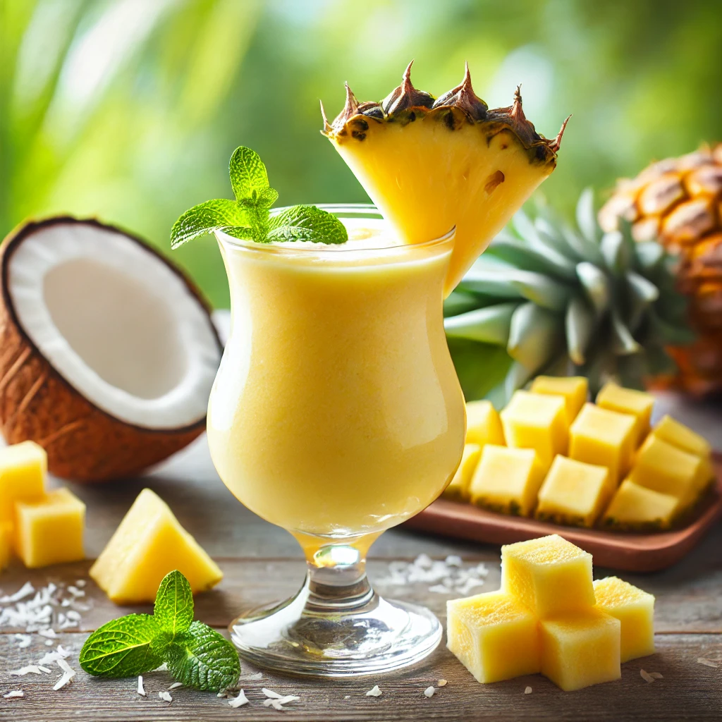 Ananas-Smoothie im Glas mit Minze & Ananasstück als Garnitur