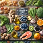 Infografik mit den Top 10 anti-entzündlichen Lebensmitteln für den Februar, darunter Kurkuma, Ingwer, Blaubeeren, Walnüsse, grünes Blattgemüse, Lachs, Olivenöl, grüner Tee, dunkle Schokolade und Orangen.