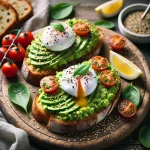 Avocado Brot mit pochiertem Ei, Tomaten & Sesam auf Sauerteig