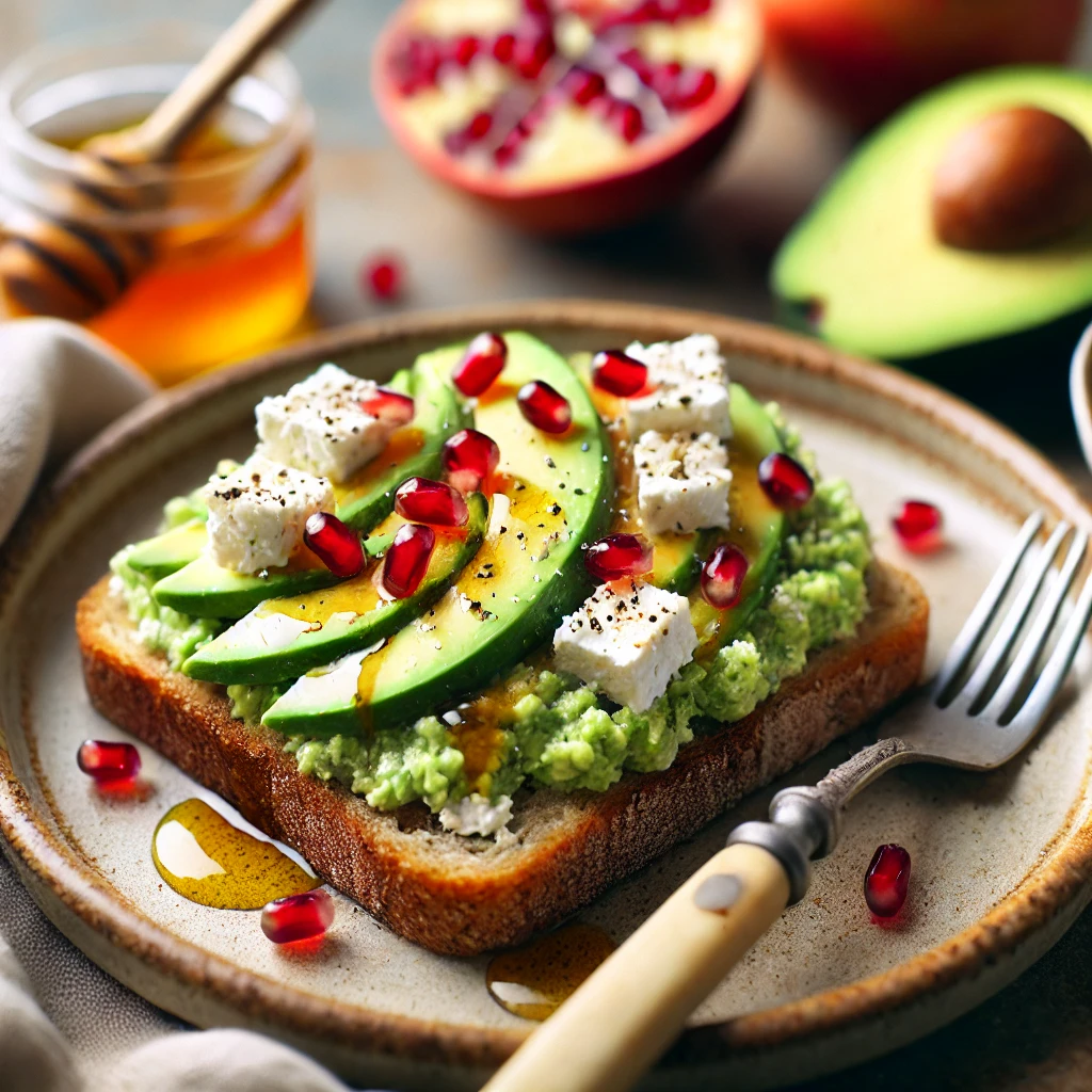 Avocado Brot mit Feta, Granatapfel & Honig auf Vollkornbrot