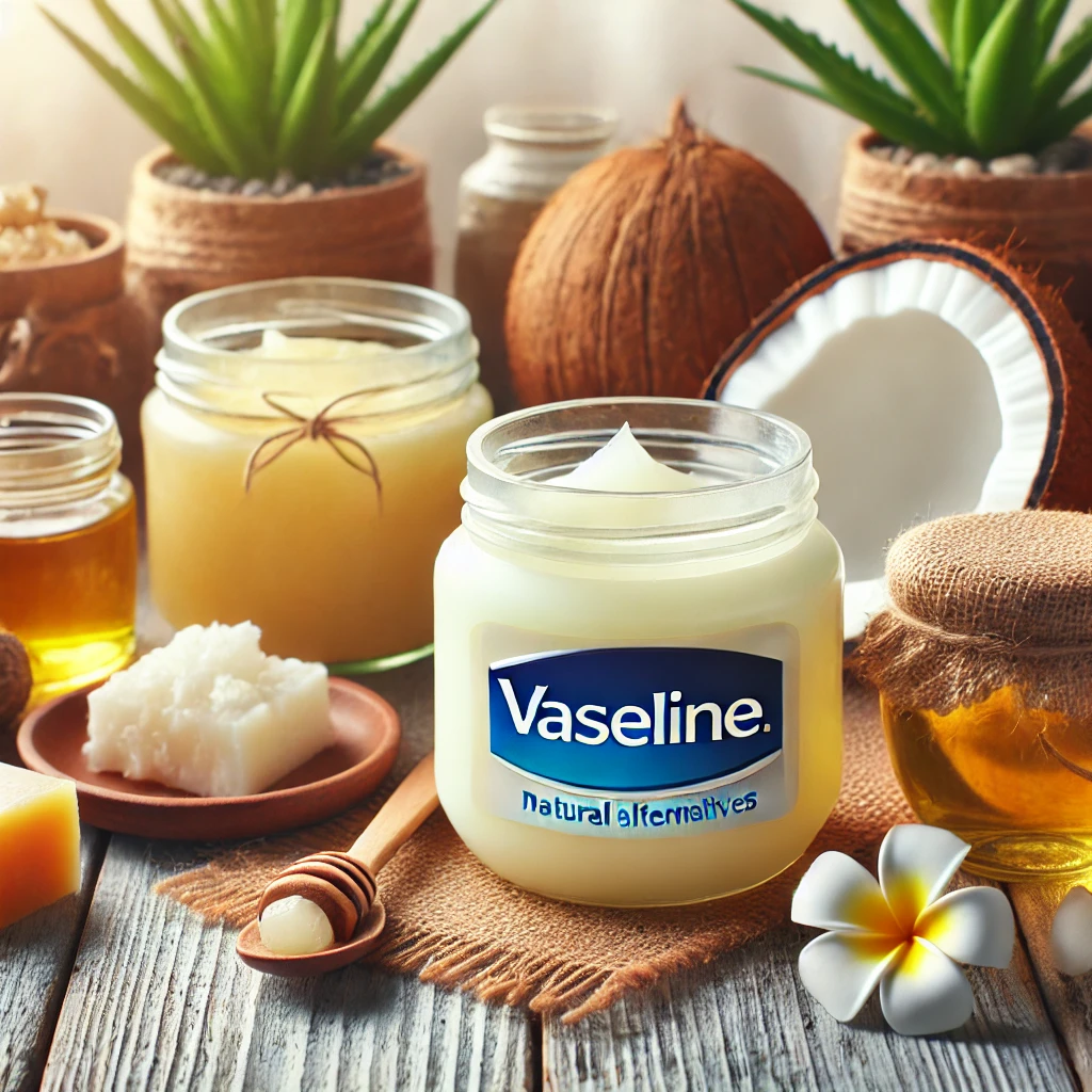 Vaseline-Dose neben natürlichen Alternativen auf Holztisch