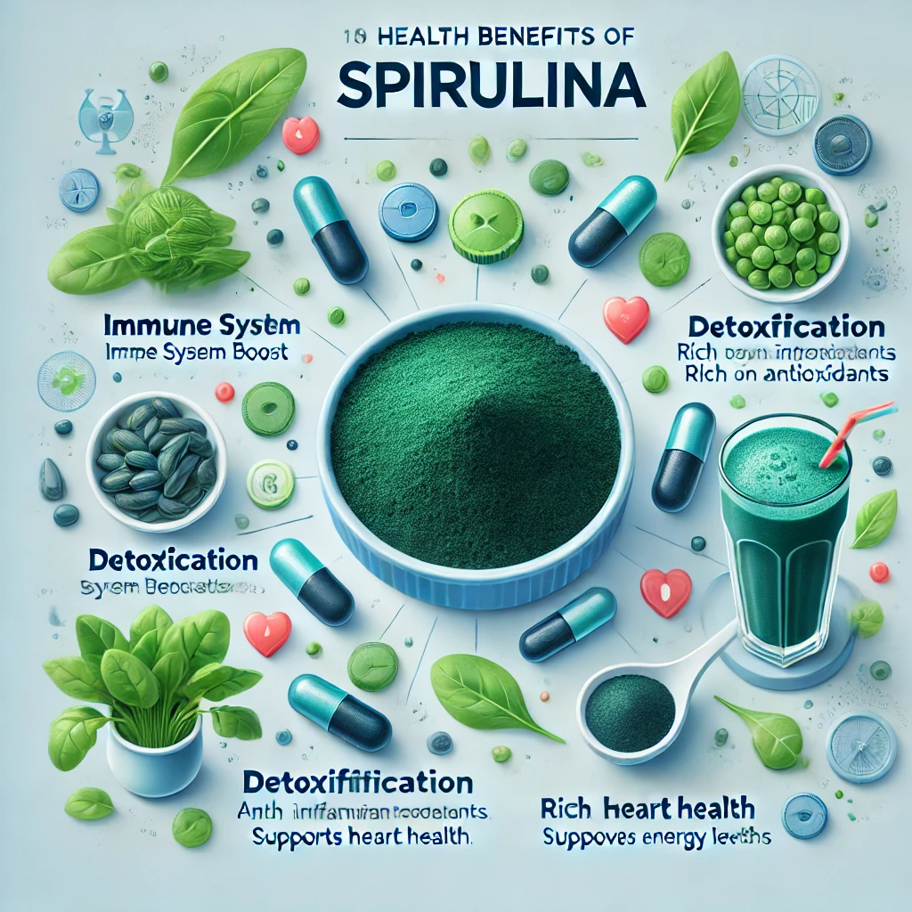 Infografik über die gesundheitlichen Vorteile von Spirulina mit Icons für Immunsystem-Stärkung, Entgiftung, entzündungshemmende Wirkung, Antioxidantien, Herzgesundheit und Energiesteigerung.