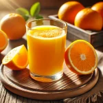 Glas mit frisch gepresstem Orangensaft und Orangen auf Holztisch