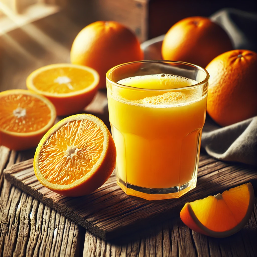 Glas mit frisch gepresstem Orangensaft und Orangen auf rustikalem Holztisch