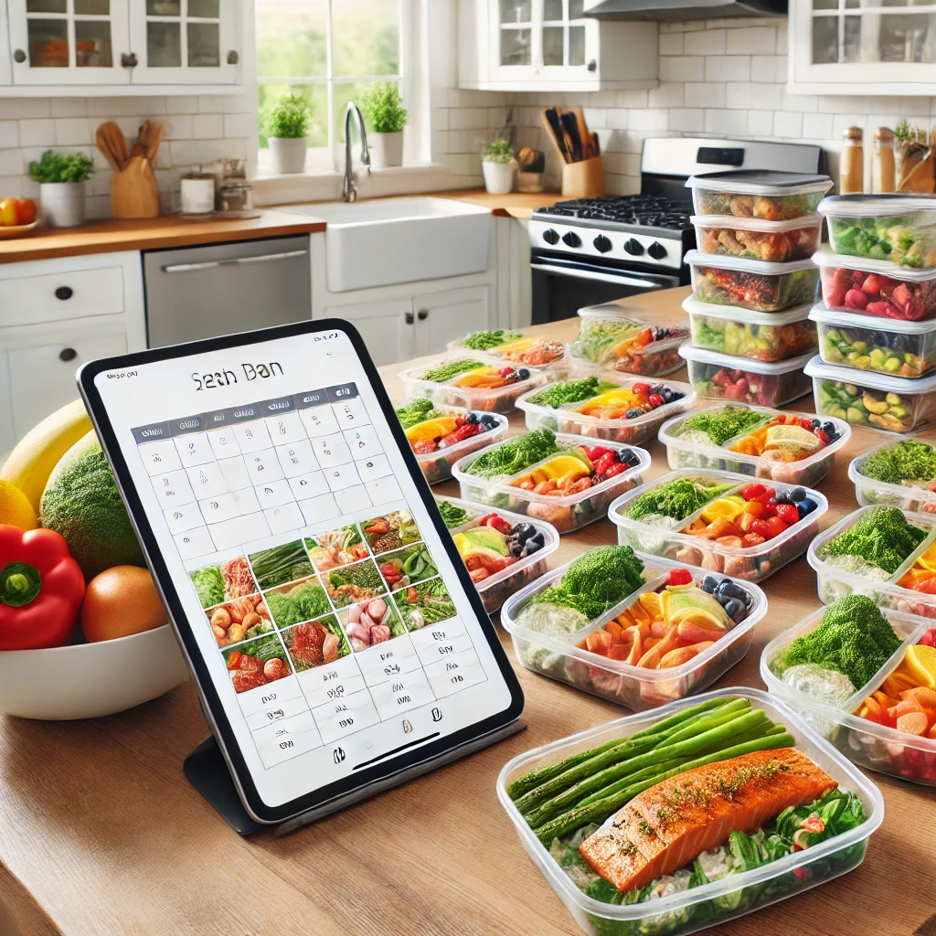 Digitaler Meal-Prep-Plan für kalorienarme Mahlzeiten mit vorbereiteten Gerichten