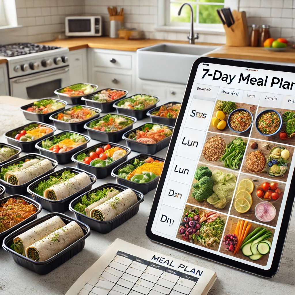 Digitaler Meal-Prep-Wochenplan auf einem Tablet mit vorbereiteten Mahlzeiten