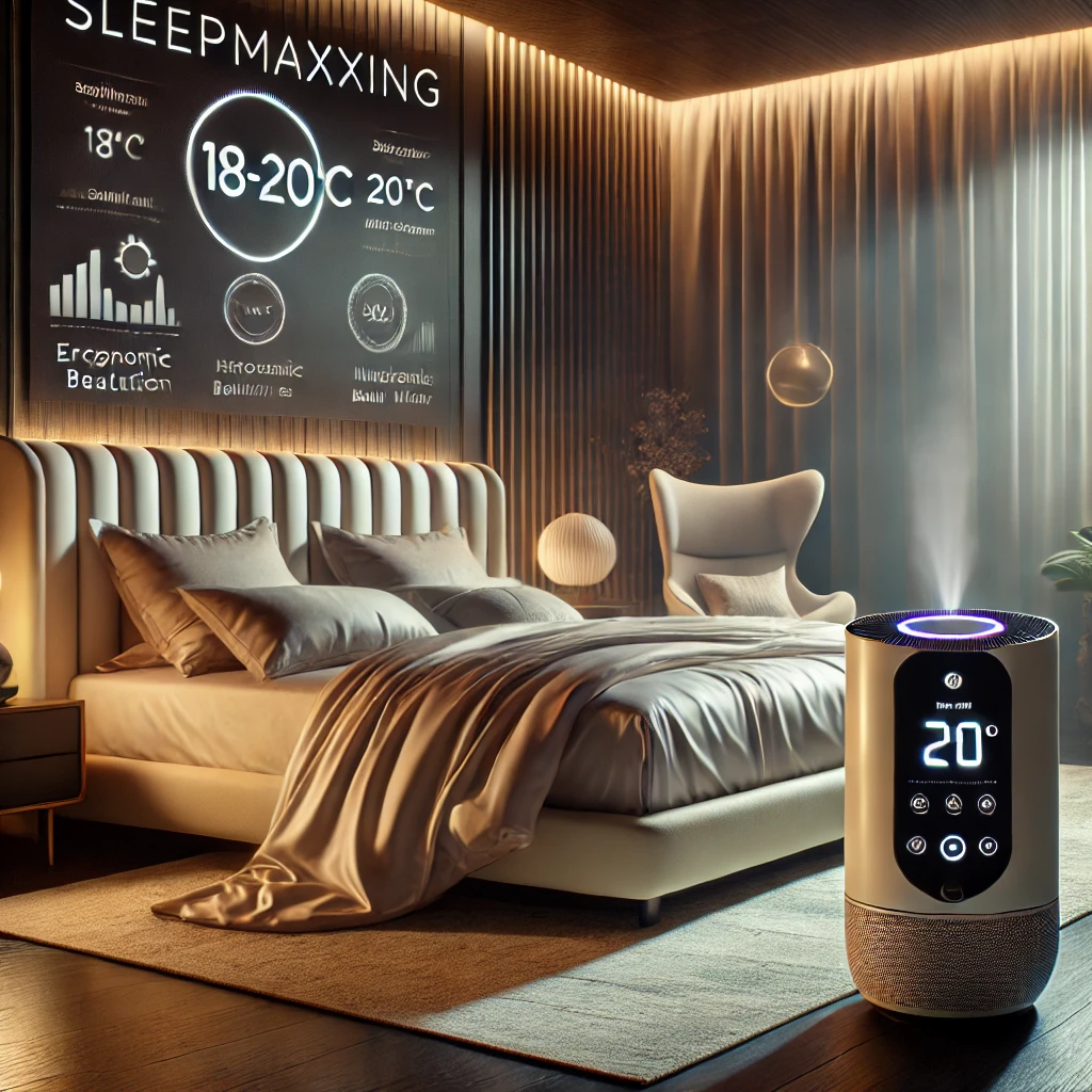 Modernes, beruhigendes Schlafzimmer mit Seidenbettwäsche, ergonomischem Beauty-Kissen, Luftbefeuchter, HEPA-Luftreiniger und Smart-Thermostat für eine optimale Schlafumgebung.