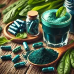 Spirulina in verschiedenen Formen – als tiefblaues Pulver, in Kapseln und als erfrischender Smoothie auf einem rustikalen Holzuntergrund.