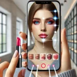 Frau testet virtuelles Make-up per Augmented-Reality-App