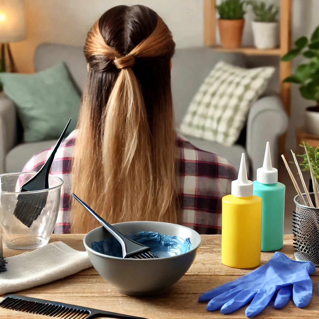 Frau bereitet sich zu Hause auf das Haarefärben vor, mit Haarfärbeutensilien auf einem Tisch