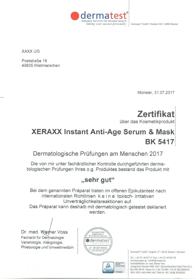 XERAXX Serum and Mask - Anti-Aging zertifikat