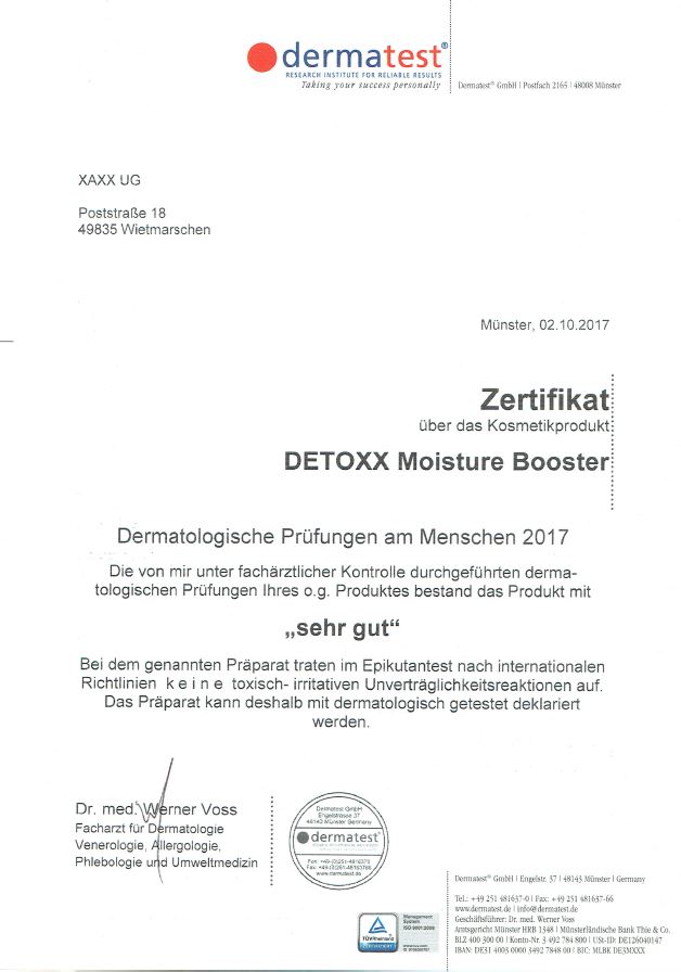 DETOXX Moisture Booster - Anti-Aging-Gel zertifikat